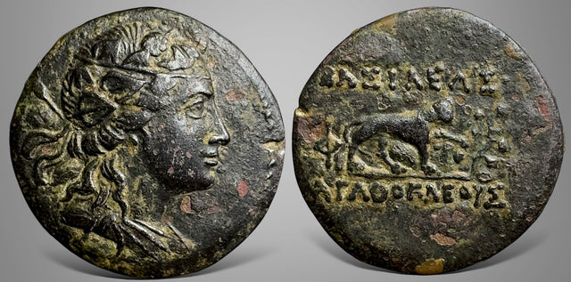 Baktria, Greco-Baktrian Kingdom. Agathokles Dikaios. (Circa 185-175 BC). Cu-Ni Double Unit. Superb