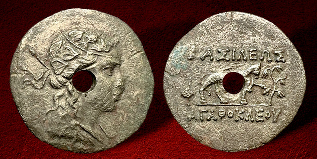 Baktria, Greco-Baktrian Kingdom. Agathokles Dikaios. Circa 185-175 BC. CU-NI Double Unit. Superb